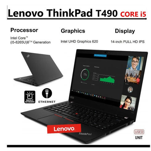 Lenovo T490 14"  Intel Quad Core i5-8265U - 16 GB RAM - 1000 GB NVME SSD, Windows 11 Pro Refurbished Grade A